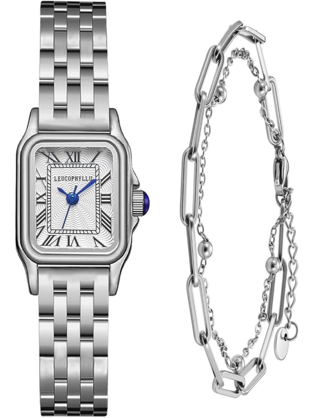 Women's  Silver with Silver Chain Vintage Rectangular Case Fashion Wrist Watches